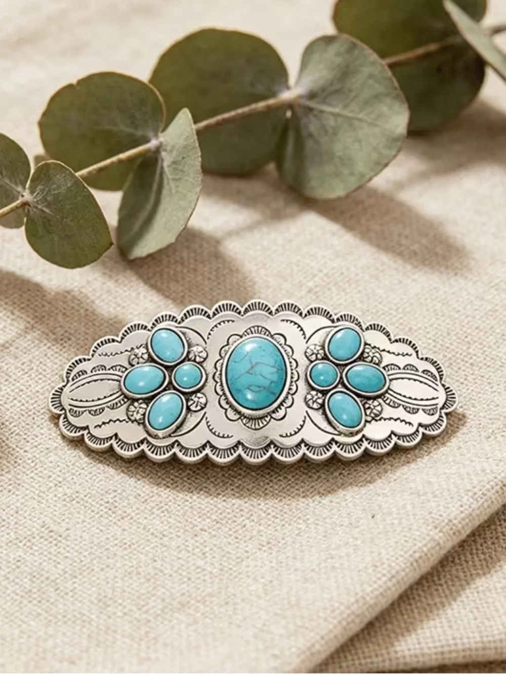 Turquoise Stone Silver Hair Barrette - Women Accessories Western Barrette